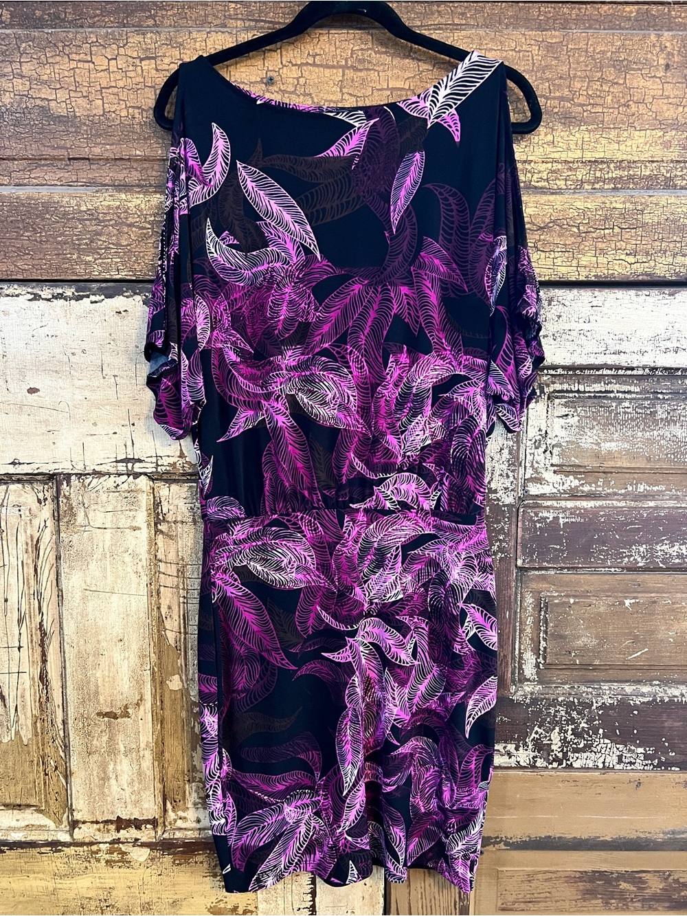 Moda International Black Midi Dress with Pink & Purple Leaf Print